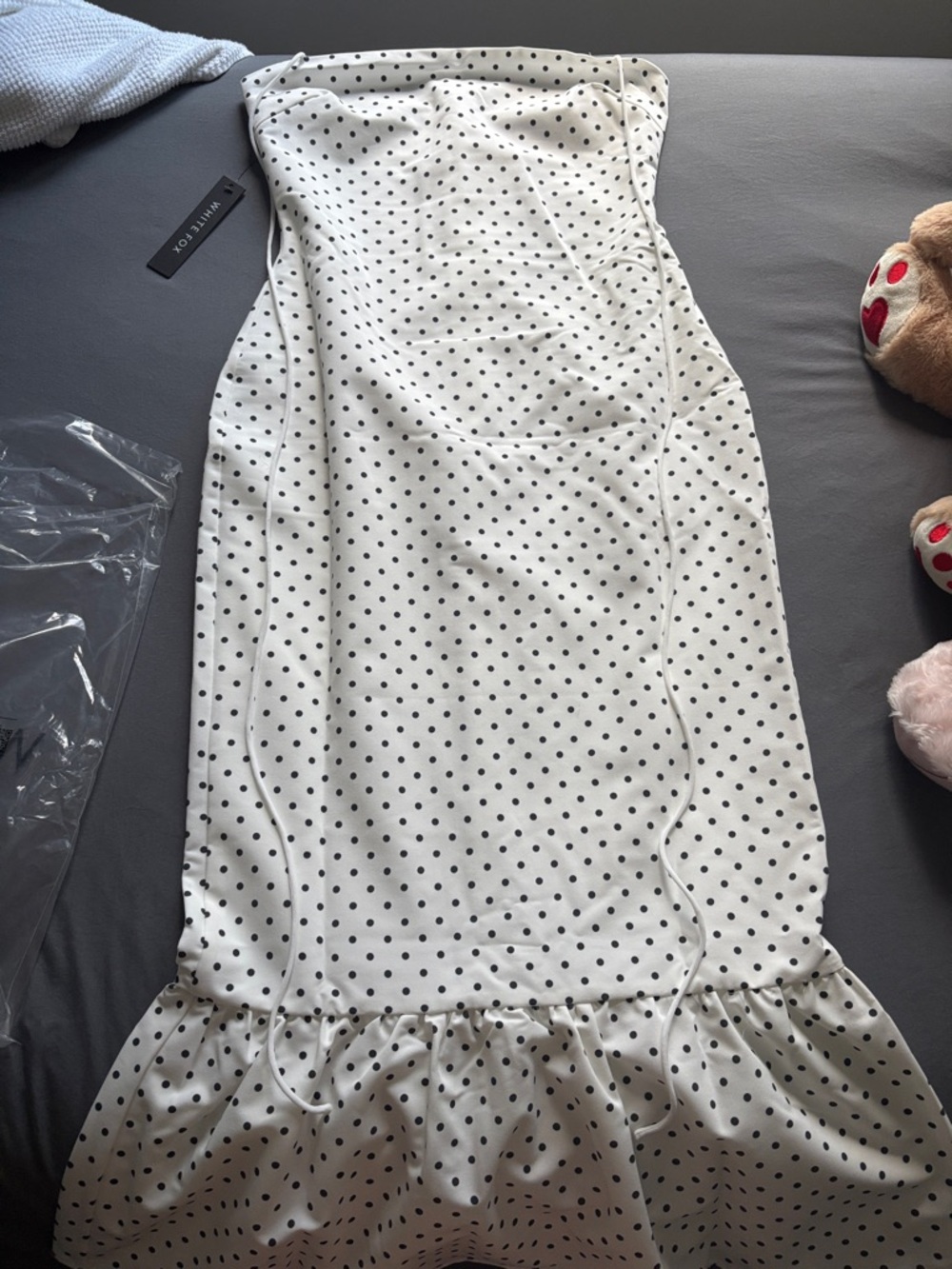 White Fox Boutique White Midi Dress with Black Polka Dots
